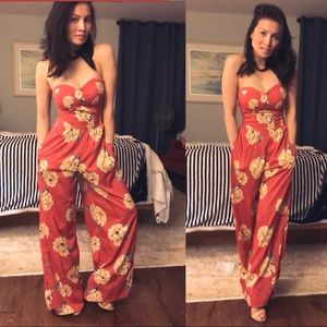 Band of GypsiesOrange, floral, strapless jumpsuit